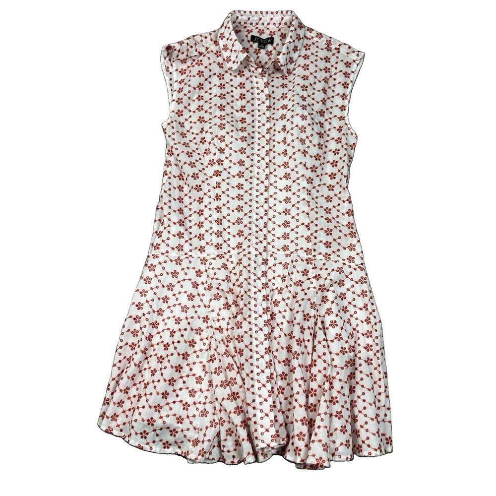 J Crew Eyelet Shirt Dress Womens 10 Red Mini Sleeveless Collared Feminine